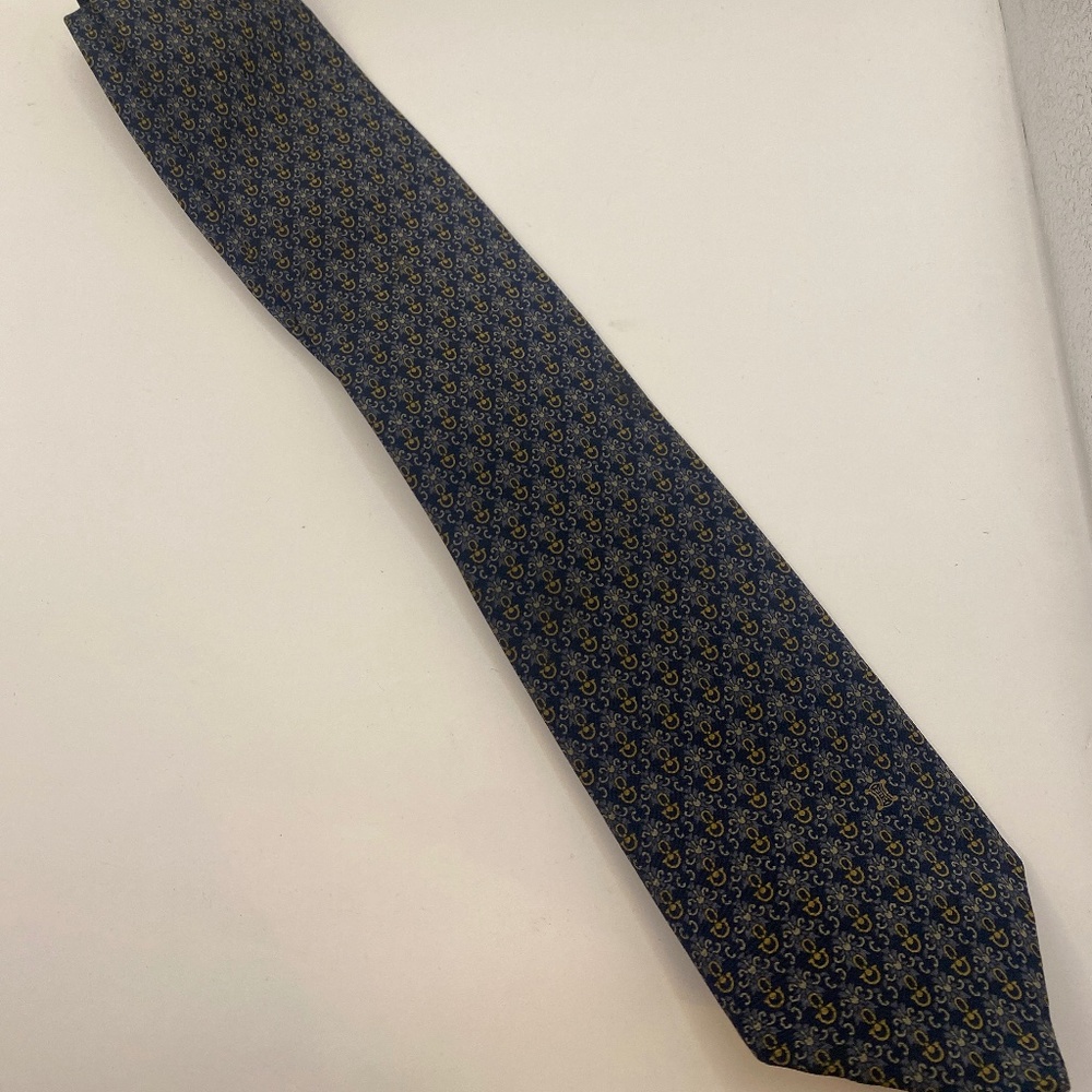 Celine Paris Mens Tie Dark Blue and Gold Accents